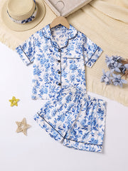 Girls Flowers Print Pajamas Set V Neck Button Top & Elastic Waist Shorts