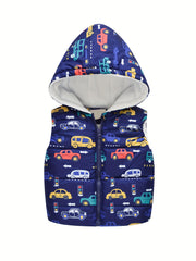 Boy's Cartoon Print Warm Waistcoat Hooded Vest