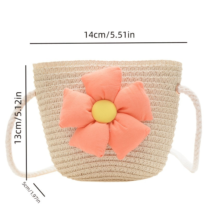 Girls Casual Braided Straw Bag With Flower Decoration Shoulder Bag
