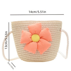 Girls Casual Braided Straw Bag With Flower Decoration Shoulder Bag
