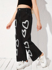 Heart Print High Waist Flared Rip Jeans Destroyed Denim Pants
