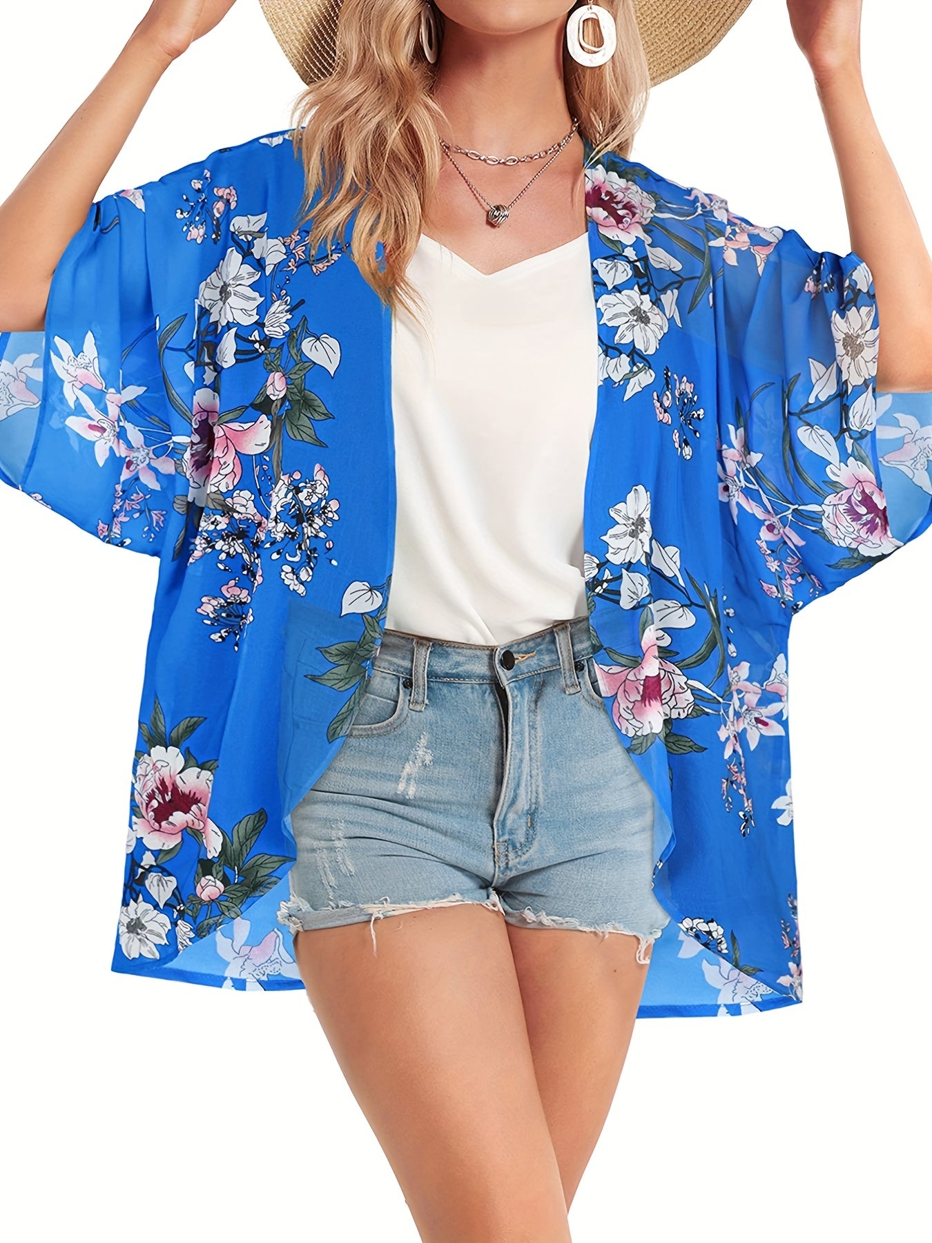 Floral Print Bat Sleeve Beach Cover Up
