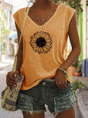 Sunflower Print V Neck Tank Top Women's Clothing