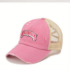 Ponytail Washed Embroidery Baseball Cap Distressed Mesh Trucker Hat