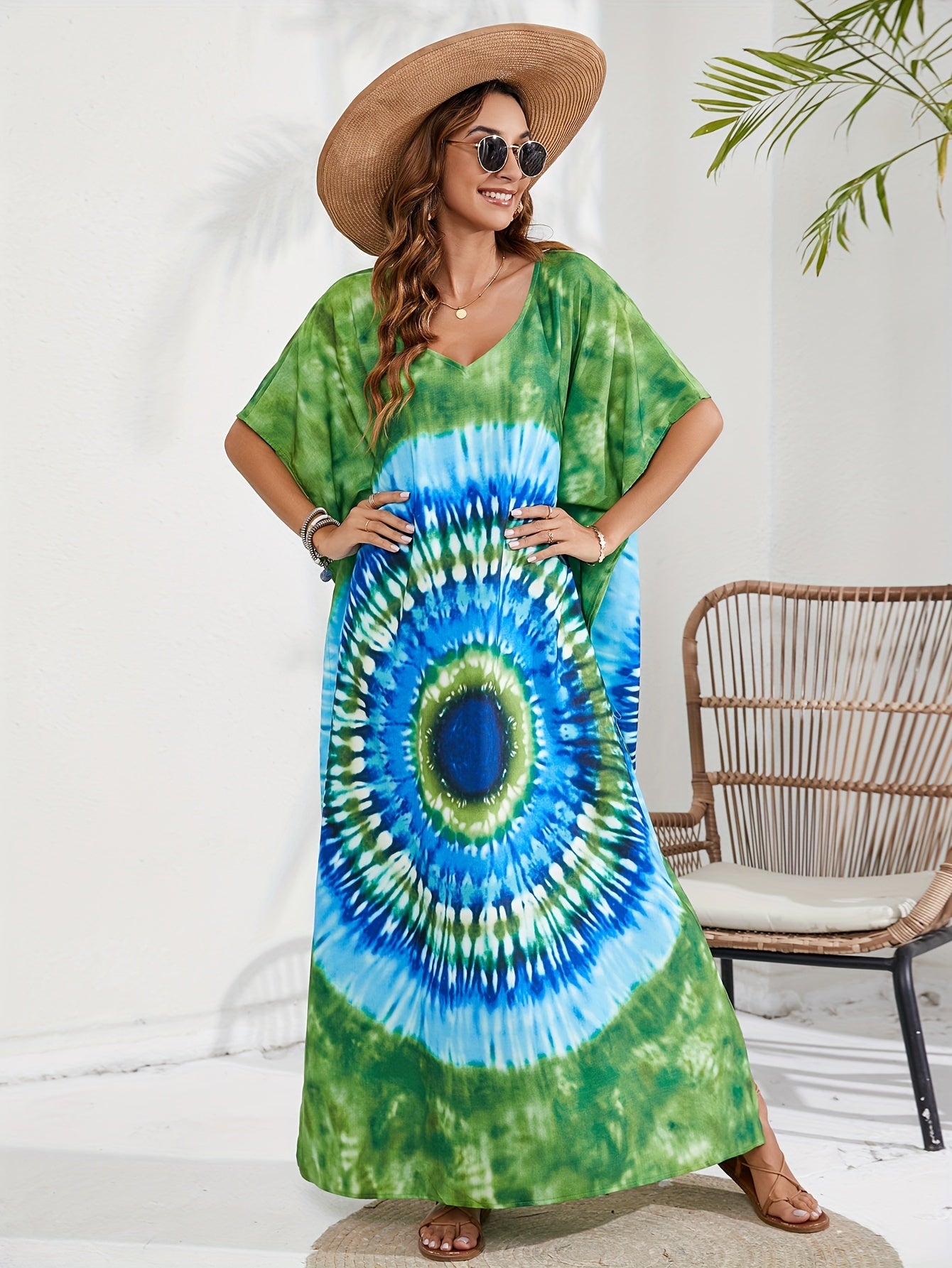 Spiral Tie Dye V Neck Maxi Cover Up