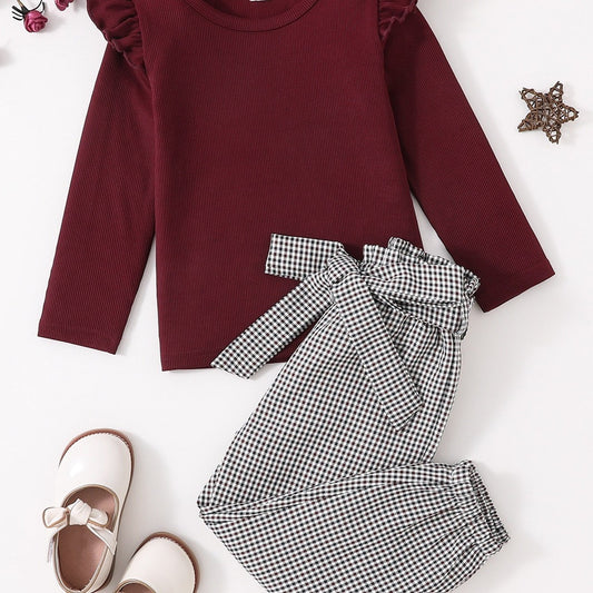 Girls Ruffle Top & Plaid Pant Set Kids Clothes