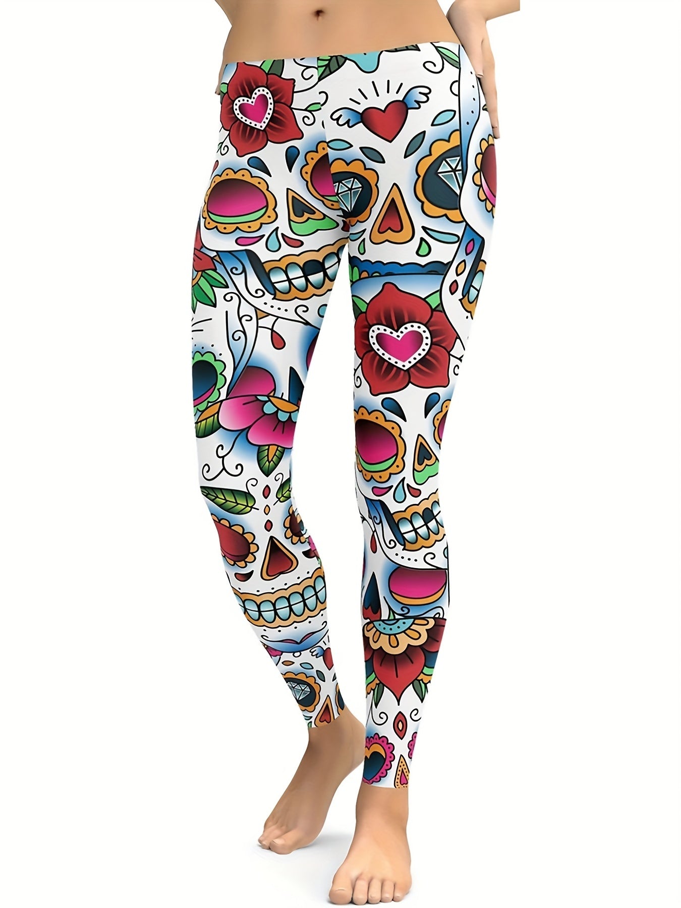 Skull & Flower Print Yoga Sports Pants Halloween Fitness Leggings