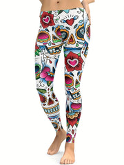 Skull & Flower Print Yoga Sports Pants Halloween Fitness Leggings