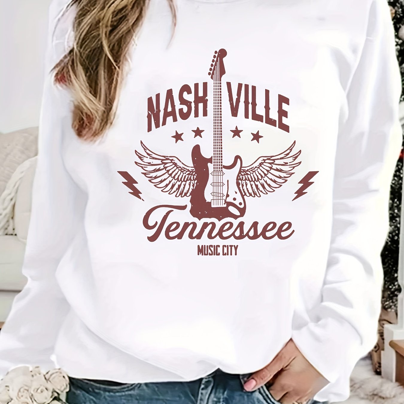 Nashville Print Sweatshirt Long Sleeve Crew Neck Casual Women's Clothing