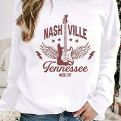 Nashville Print Sweatshirt Long Sleeve Crew Neck Casual Women's Clothing