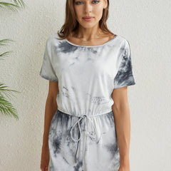 Tie Dye Drawstring Romper Jumpsuit Short Sleeve Casual Women's Clothing