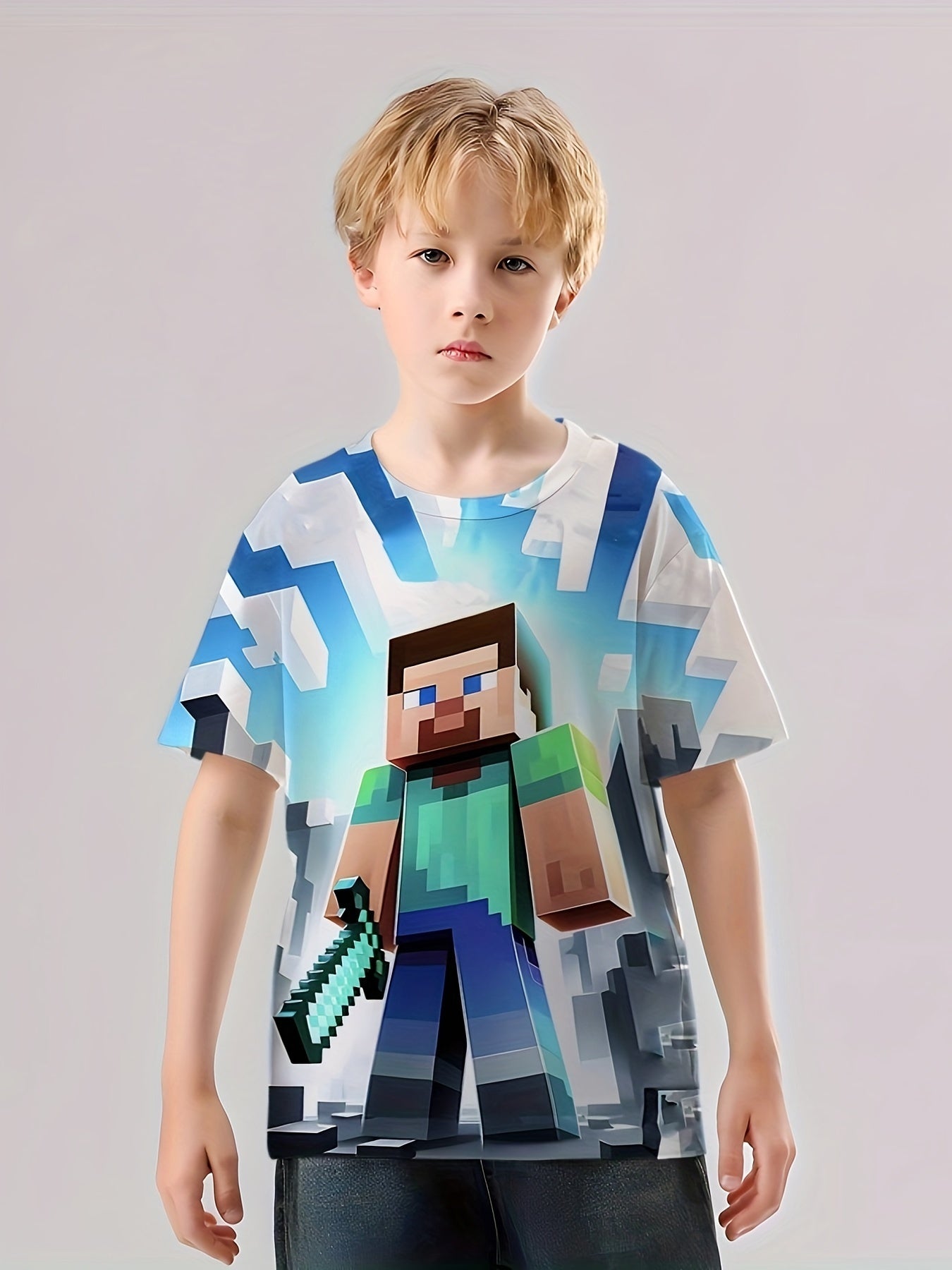Pixel Boy Print Boys T-shirt Lightweight Comfortable Short Sleeve Top