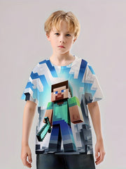 Pixel Boy Print Boys T-shirt Lightweight Comfortable Short Sleeve Top