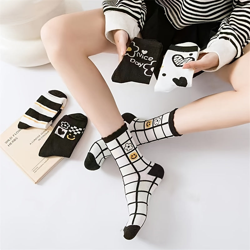 5 Pairs Heart Print Socks Women's Mid Tube Stockings