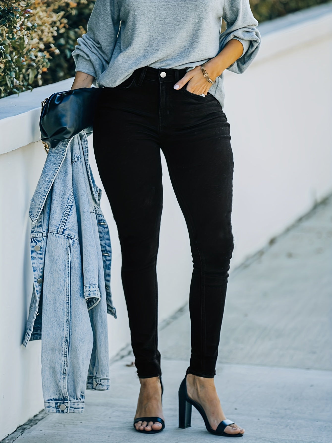 Solid Button Fly High Stretch Skinny Jeans