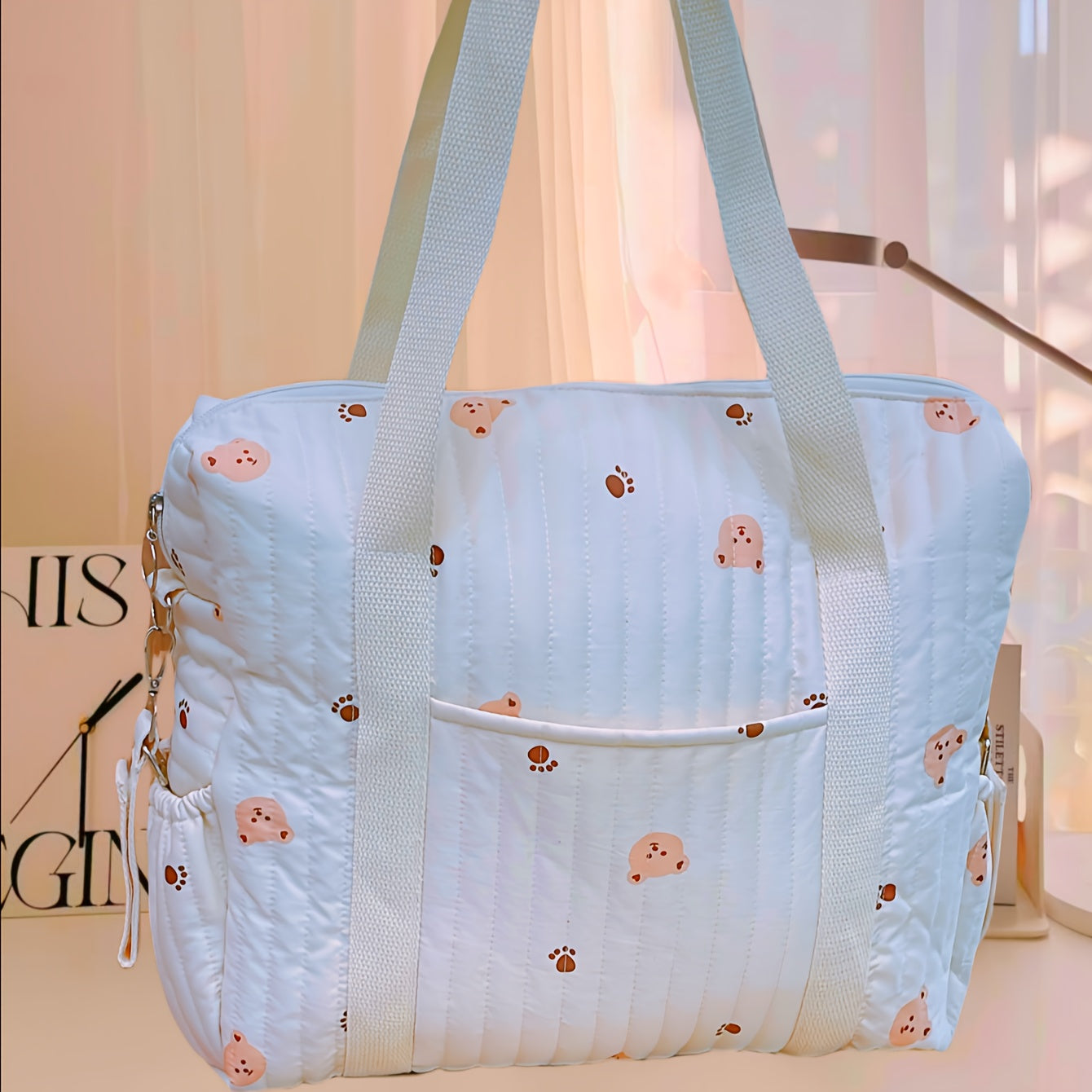 Beige Bear Paw Print Parent Bag Quilted Polyester Handbag & Shoulder Bag