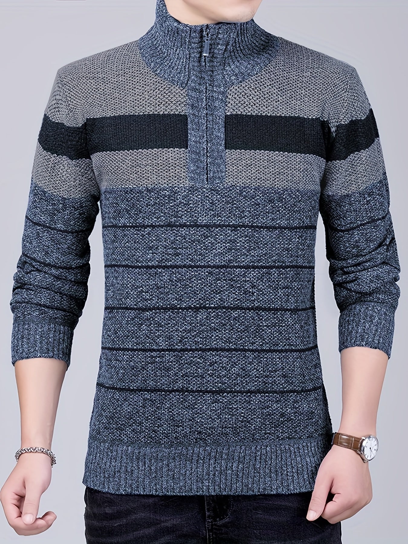 Elastic Striped Pattern Zip Neck Sweater for Men