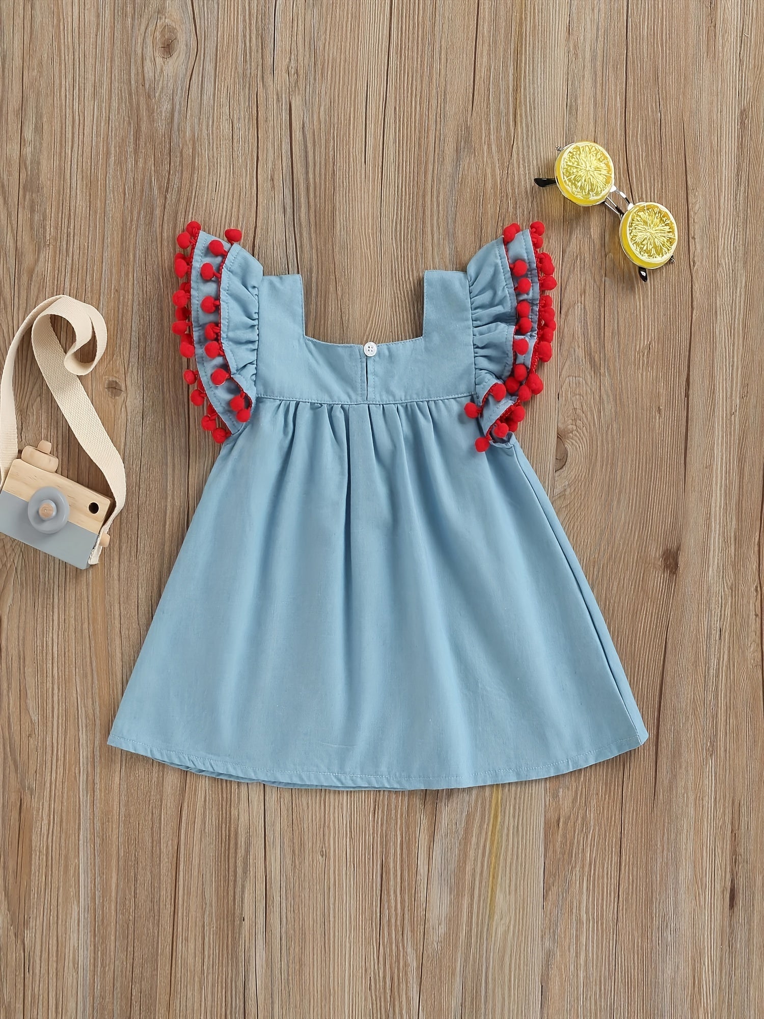 Baby Girls Cartoon Denim Dress with Pompom Trim