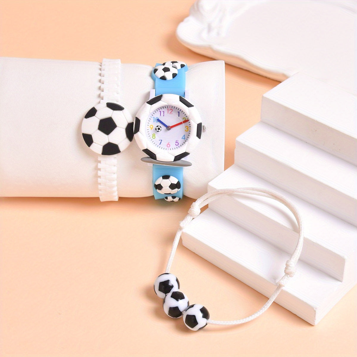 3pc Set 3D Cartoon Football Silicone Strap Boys' Quartz Watch