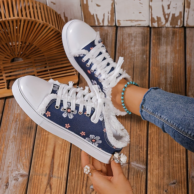 Floral Print Lace Up Canvas Shoes Round Toe Casual Skate Shoes