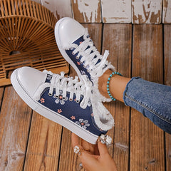 Floral Print Lace Up Canvas Shoes Round Toe Casual Skate Shoes
