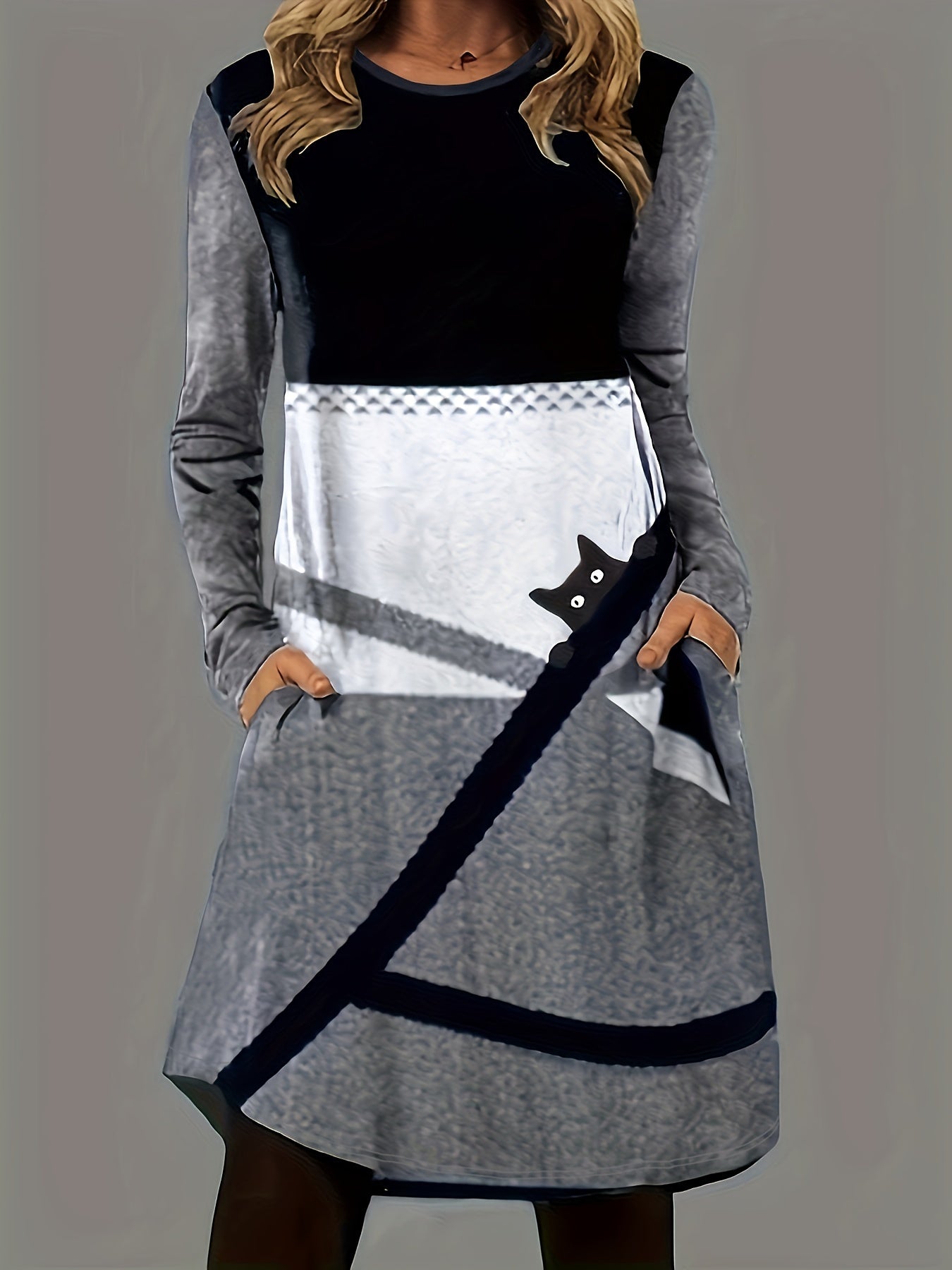 Plus Geo & Cat Print Long Sleeve Round Neck Dress