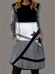 Plus Geo & Cat Print Long Sleeve Round Neck Dress