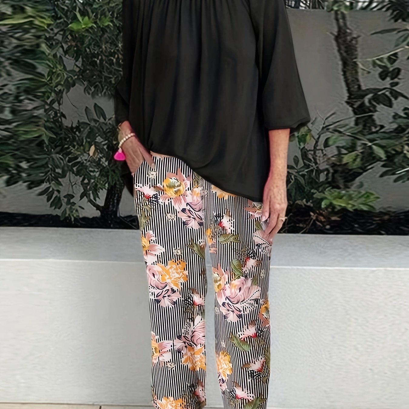 Boat Neck Top & Floral Print Pants Set