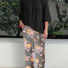 Boat Neck Top & Floral Print Pants Set