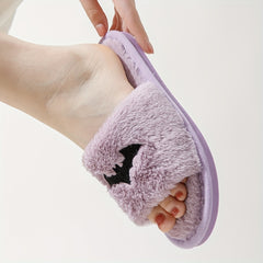 Purple Halloween Bat Embroidery Slippers Plush Lined Shoes