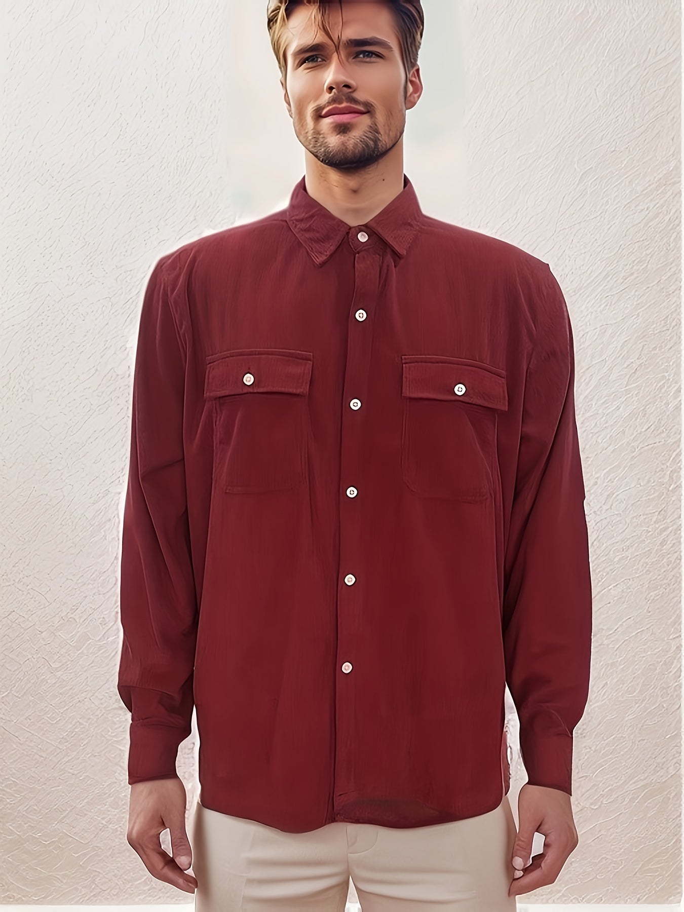 Men's Casual Button Up Long Sleeve Shirt with Flap Pocket