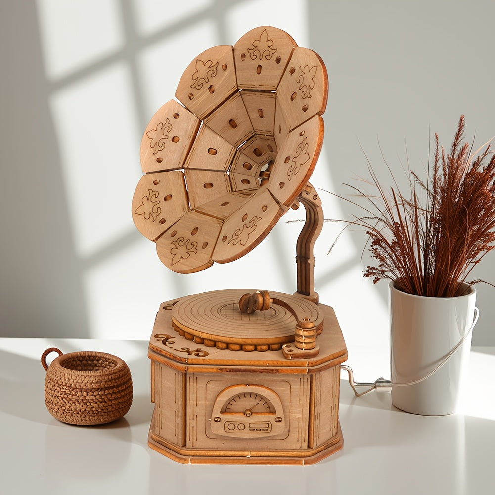 3D Wooden Puzzle Phonograph Music Box DIY Toy Desktop Decoration Or...