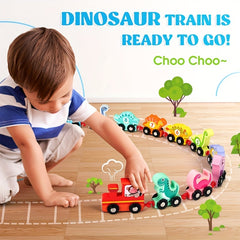 LZOY Wooden Train Set Dinosaur Toys For Kids 3 5 Years Old Toy Cars For Toddler