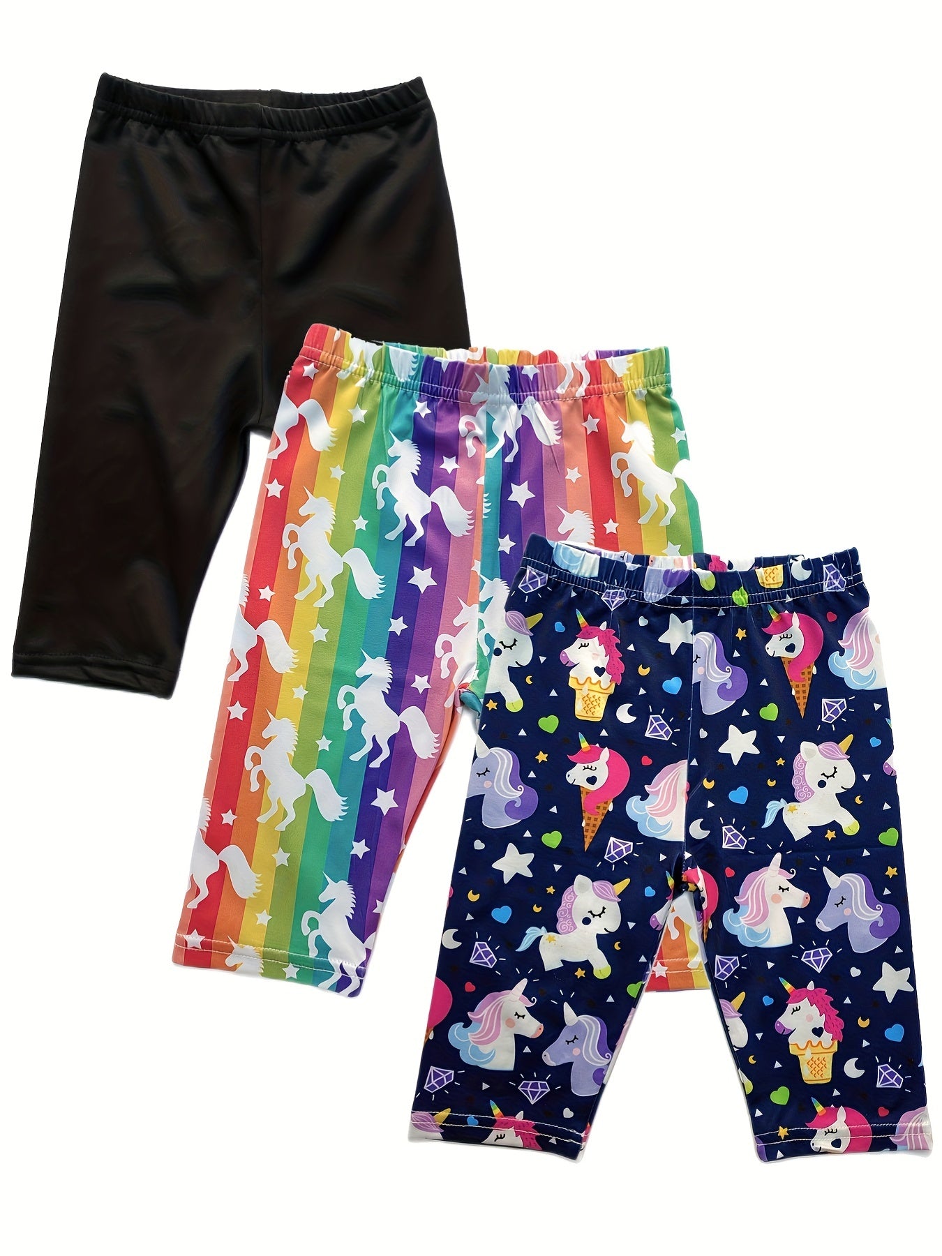3pcs Girls' Casual Shorts Leggings Unicorn Starry Sky Bike Dance Shorts