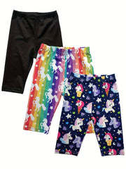 3pcs Girls' Casual Shorts Leggings Unicorn Starry Sky Bike Dance Shorts