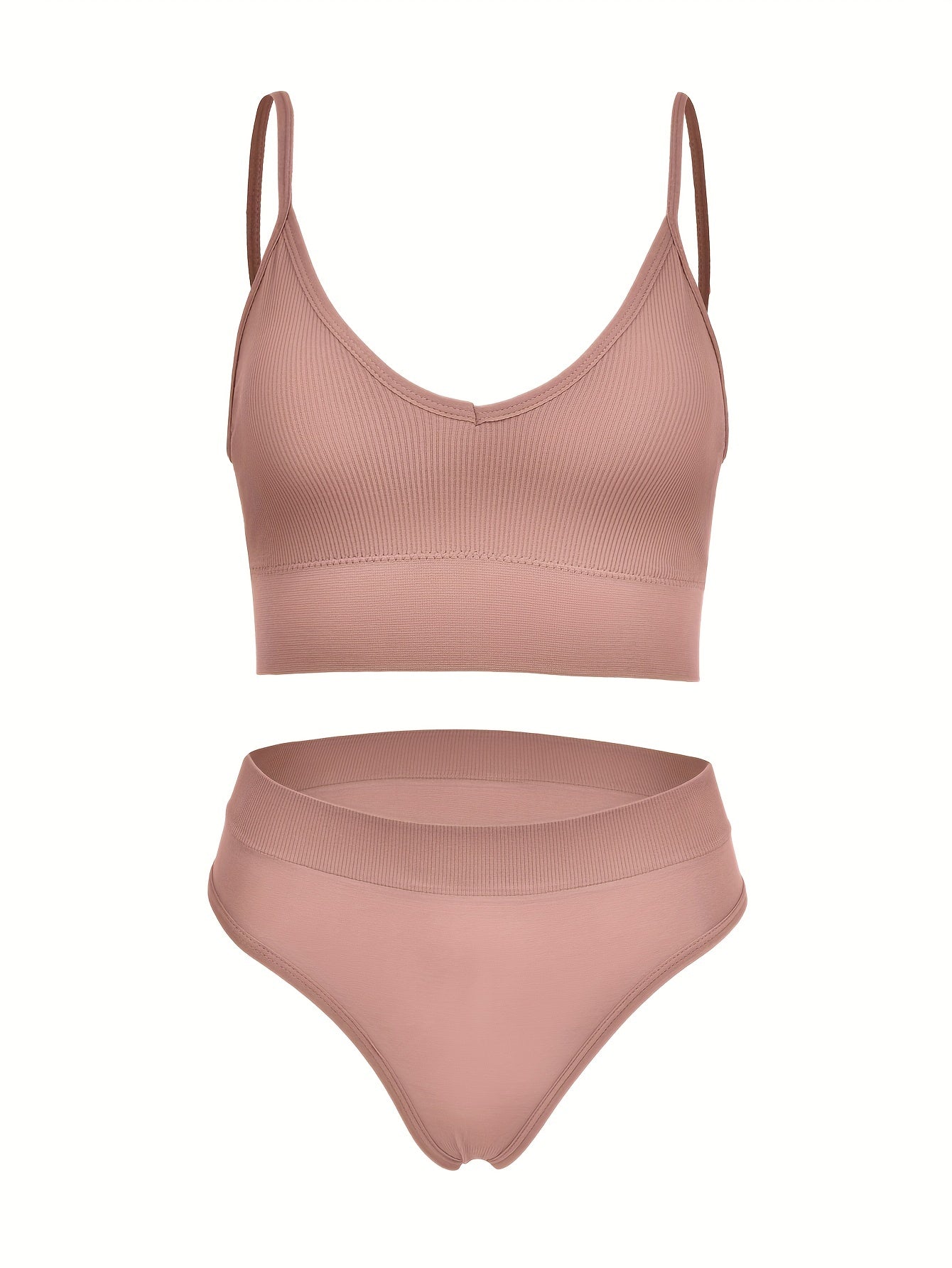 Solid Ribbed Bra & Panties Set Women's Underwear