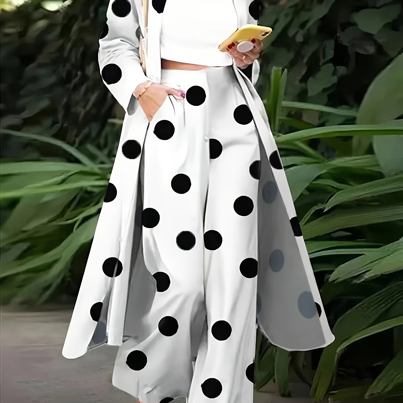 Dot Print Long Sleeve Shirt Top & Wide Leg Pants Set