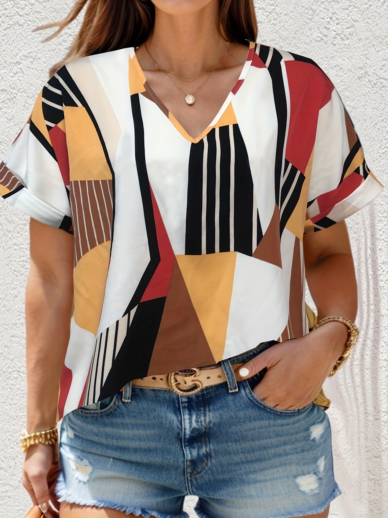 Colorblock Geometric Print V Neck Blouse
