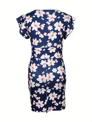 Vintage Floral Print V Neck Dress Ruffle Trim Bodycon Summer Dress