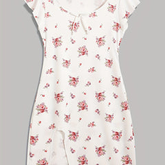 Floral Print NightDress Soft & Comfy Crew Neck Pajama Dress