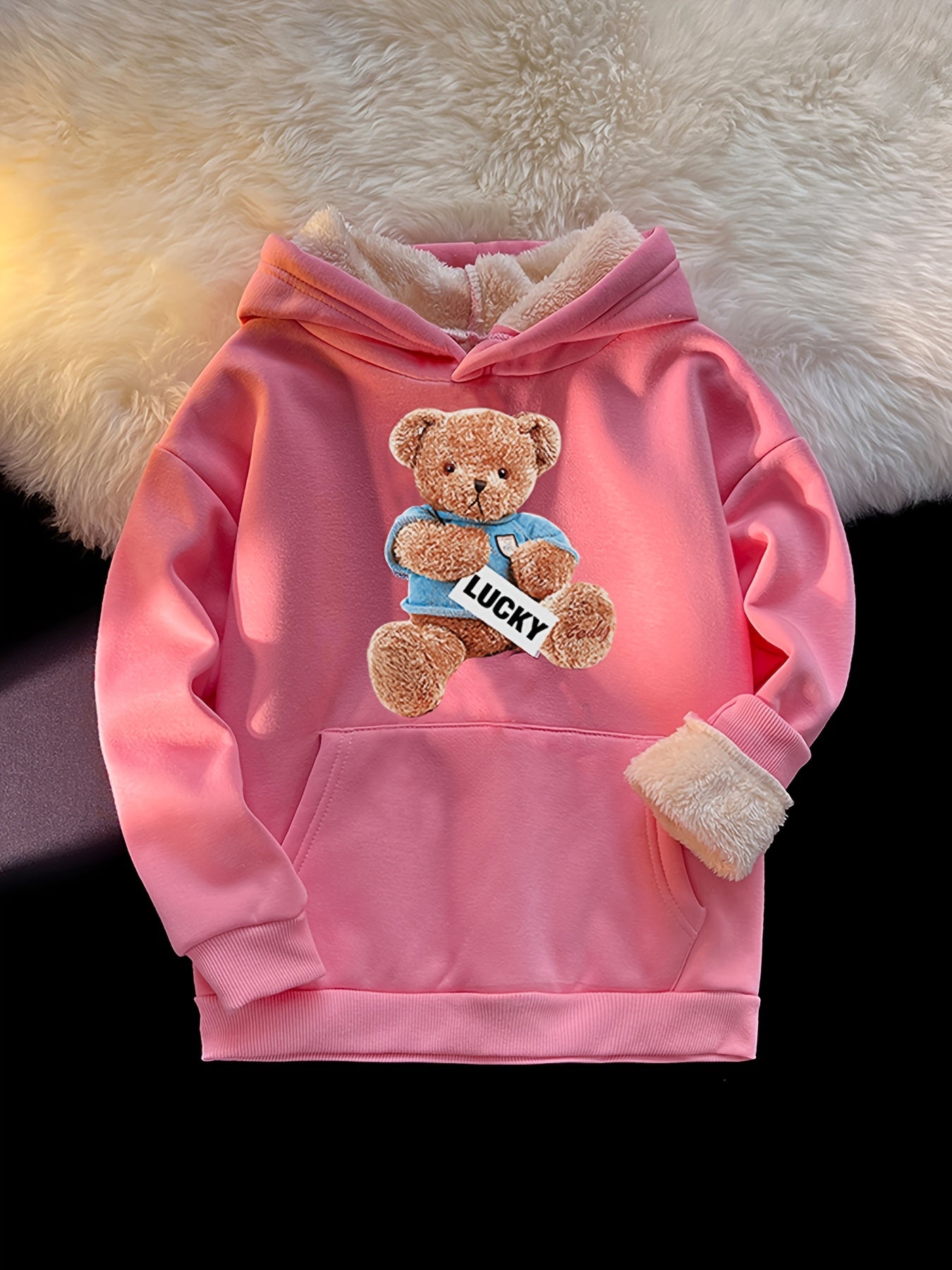 Girls Bear Print Warm Winter Hoodie Plush Pullover Sweatshirt