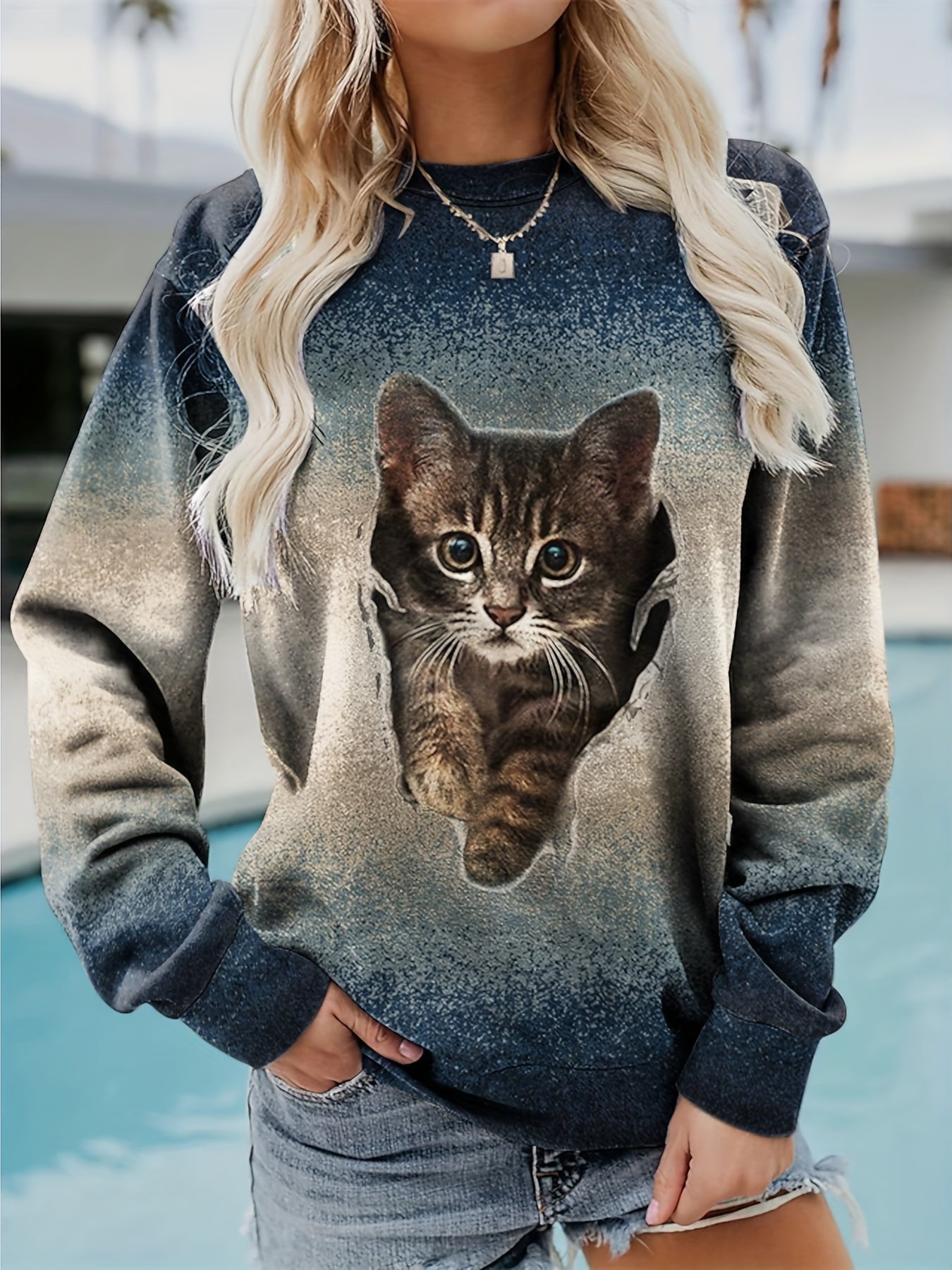 Cat Print Crew Neck Pullover Sweatshirt for Women