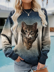 Cat Print Crew Neck Pullover Sweatshirt for Women