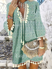 Boho Dress V Neck Tassels Casual Dress For Spring & Summer
