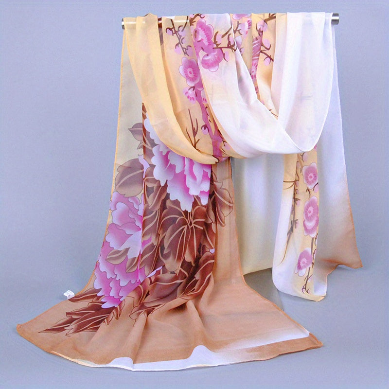 Chiffon Flower Print Gradient Long Scarf