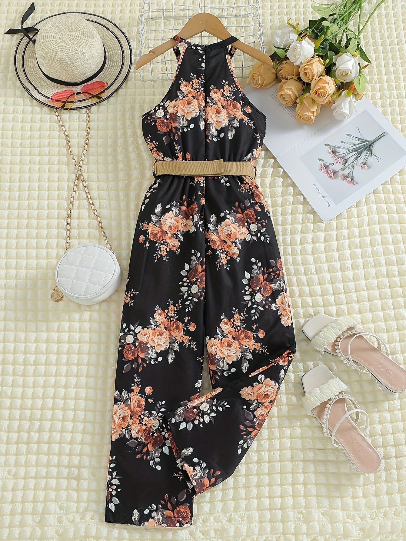 Girls Sleeveless Flowers Halter Neck Rompers Jumpsuits for Beach Vacation