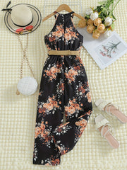 Girls Sleeveless Flowers Halter Neck Rompers Jumpsuits for Beach Vacation