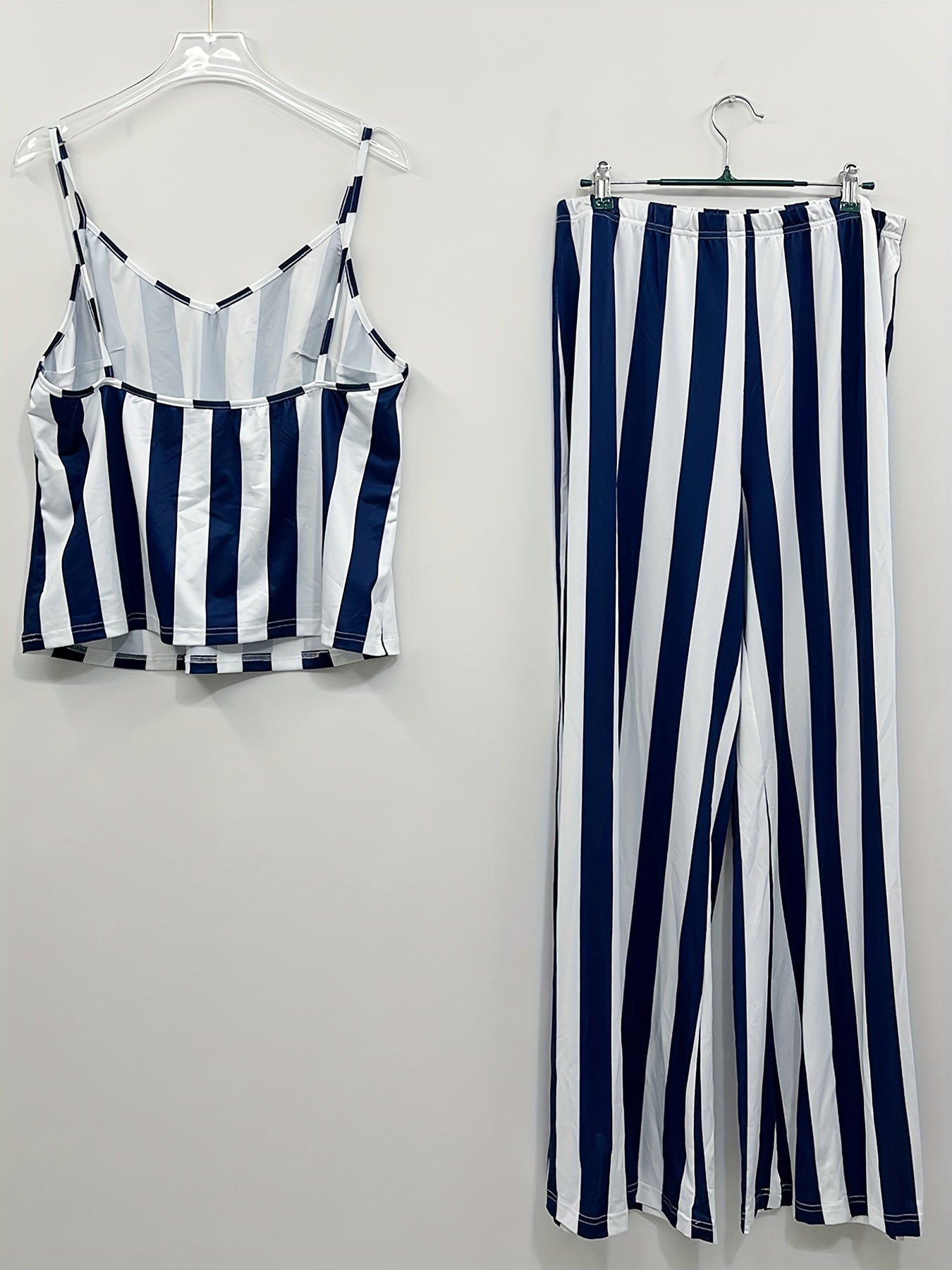 Plus Stripe Print V Neck Cami Top & Loose Pants Set