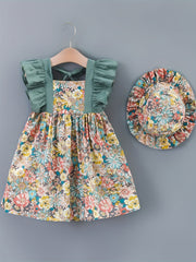 Floral Print Dress & Hat Set for Baby Girls 2pcs