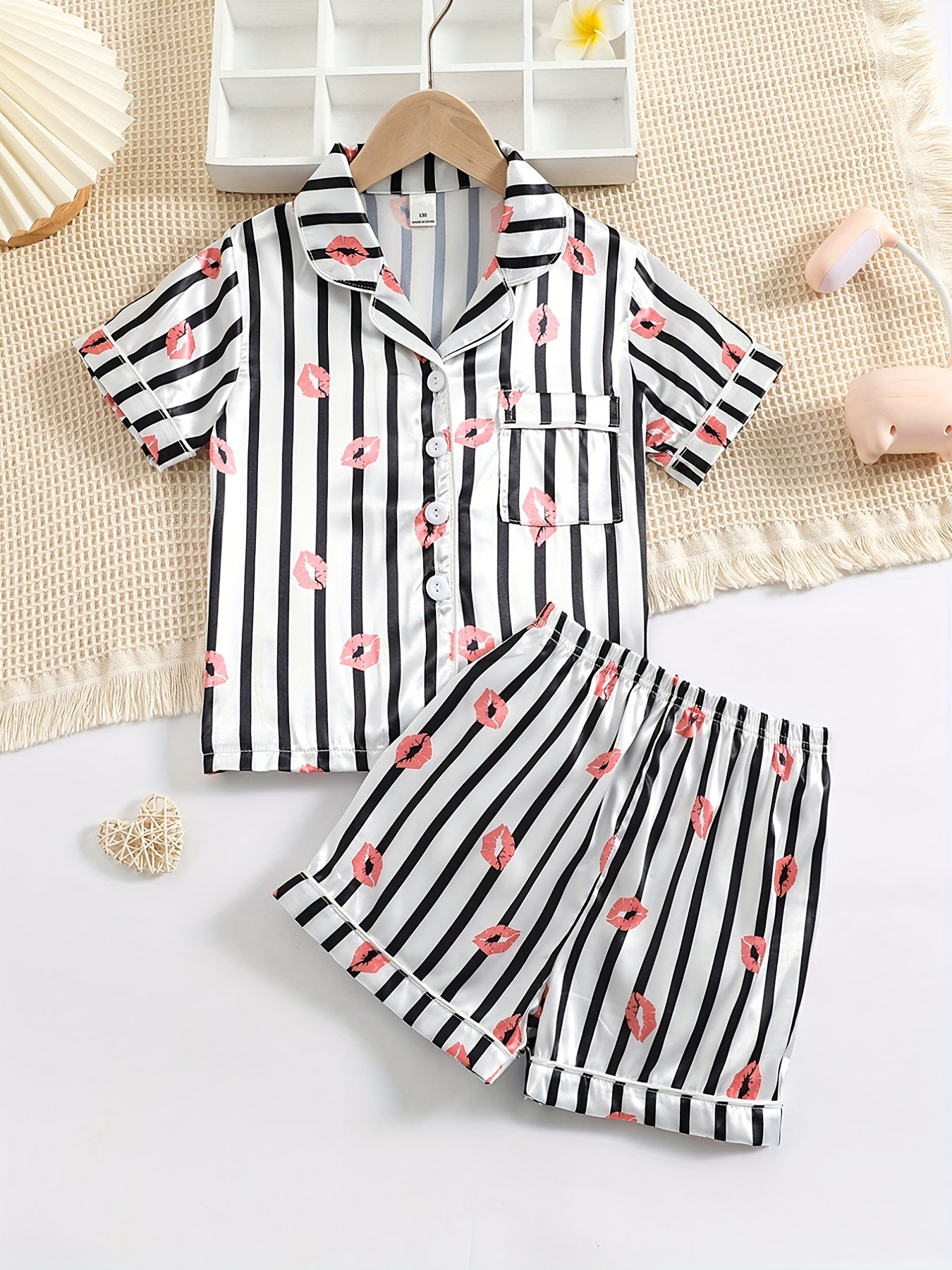 Girls Cat Graphic Pajama Set Button Top & Shorts Summer Sleepwear